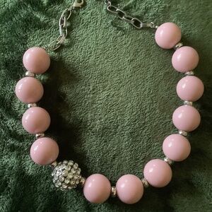 Pink and silver beaded necklace with clear crystal accent bead